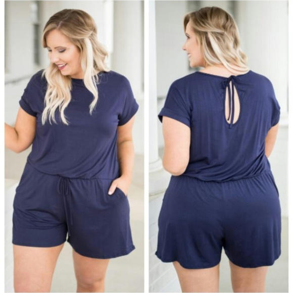 Plus Size Navy Short Sleeve Romper - Picture 2 of 2